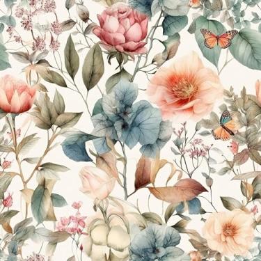 Imagem de Papel de parede floral para descascar e colar papel de parede borboleta folha papel de contato floral vintage papel de parede removível 300 x 45 cm papel de parede autoadesivo para quarto, banheiro,