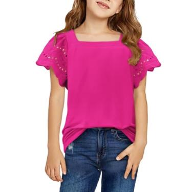 Imagem de Yoklass Camisetas casuais para meninas, gola quadrada, manga com babados, blusas soltas sólidas de 5 a 14 anos, Rosa carmim, 13-14 Anos