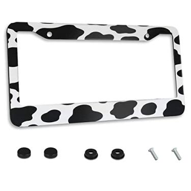 Imagem de Moldura de placa de licença com estampa de vaca animal branca e preta mais recente molduras decorativas personalizadas de alumínio inoxidável suporte para carro automotivo para carros EUA Canadá