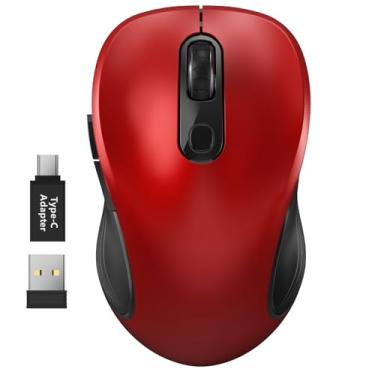 Imagem de WisFox Mouse sem fio de 2,4 G para laptop, mouse de computador ergonômico com receptor USB e adaptador tipo C, mouse sem fio de 6 botões para Windows Mac PC Notebook (vermelho)