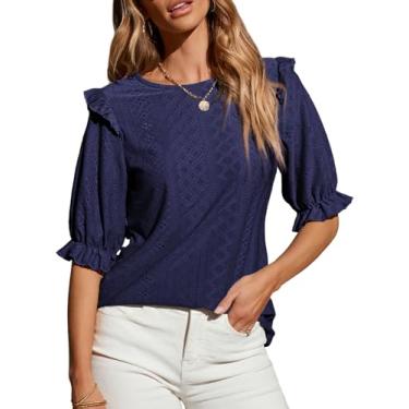 Imagem de EVALESS Blusas femininas casuais de verão com gola redonda e babados manga curta sexy de crochê vazadas camisetas lisas, B azul-marinho, XXG