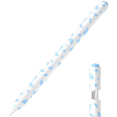 Imagem de JOOSKO Estojo de lápis com estampa de vaca para Apple Pencil (USB-C), aderência confortável, capa lateral fina de silicone, suporta fixação magnética. (azul celeste)
