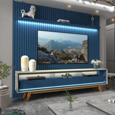 Imagem de Rack com Painel Ripado para Tv até 85 Polegadas Led 3 Gavetas com Pés 230cm Nobre Azul Royal/Off White