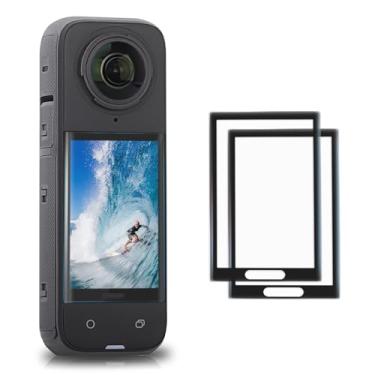 Imagem de 2 conjuntos de películas protetoras de tela de vidro temperado compatíveis com Insta360 X4, película de tela temperada curva 3D dureza 9H antiarranhões para acessórios de câmera de ação Insta 360 X4