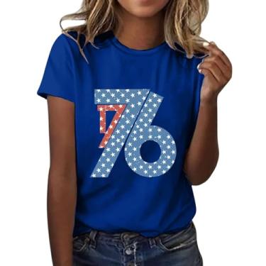 Imagem de Camiseta feminina com bandeira americana 2024 4 de julho Patriotic Shirts 1776 Stars Graphic Crew Neck Tops de verão, Azul, G