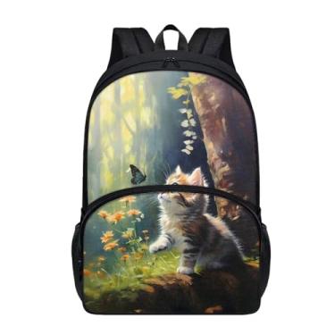 Imagem de Suobstales Mochila casual de 43 cm, mochila leve para livros, bolsa de ombro com bolso com zíper para crianças e adolescentes, Flor de borboleta de gato, One Size