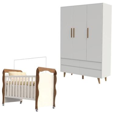 Imagem de Berço Americano New Nanda e Guarda Roupa Lorena Branco Acetinado Amadeirado – Carolina