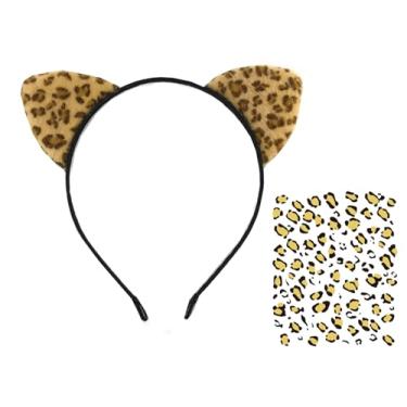 Imagem de Delicate Dew Cat Ear Headband Halloween Cheetah Costume Hairbands Leopard Face Tattoo Set (Khaki)