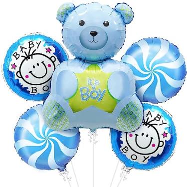 Imagem de KatchOn, Balões de chá de bebê ursinho de pelúcia – Pacote com 5, azul, 76 cm, é um menino, ursinho de pelúcia, decorações de chá de bebê para meninos