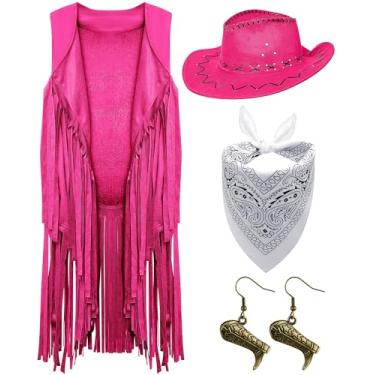 Imagem de Xtinmee Conjunto de 4 peças de roupas de vaqueira feminina, colete de borla, chapéu de caubói, brincos pendentes, bandana Paisley para vestido ocidental, rosa, Large