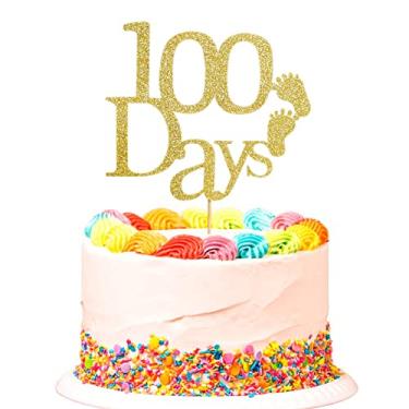 Imagem de Topo de bolo de 100 dias, decorações de festa de cem dias, enfeites de bolo de aniversário de bebê, chá de bebê com glitter dourado