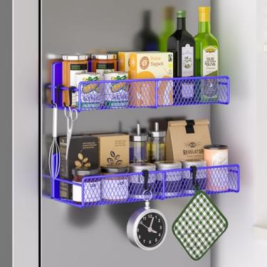 Imagem de Suporte magnético para temperos para geladeira, pacote com 2 prateleiras magnéticas 100% metálicas, organizador de especiarias que economiza espaço com ganchos, prateleira de geladeira magnética móvel