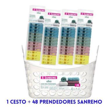 Imagem de Kit 48 Pregadores Grande Colorido + 1 Cesto Porta Prendedor - sanremo