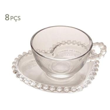 Imagem de Cj 4 Xicaras Cha Cristal C/ Pires Coracao Pearl 180ml - Rojemac