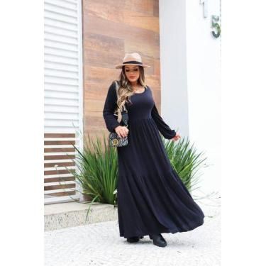 Imagem de Vestido Longo Manga Longa Saia 3 Marias - Luh May, P, Preto