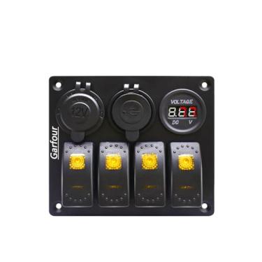 Imagem de Garfour Interruptor de Balancim Painel de Alumínio 4 Gang Alternar com Dc 5V 3.1A Carregador Usb Duplo Voltímetro Digital Display Dc 12V Tomada de Energia para Carro Trailer Barco Marinho Rv Veículo C