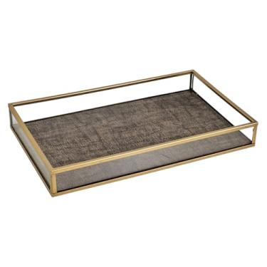 Imagem de Bandeja Decoração Sala Quarto Lavabo Metal+Vidro+Corano 24cm (Marrom)