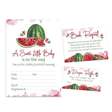Imagem de Inkdotpot Conjunto de 30 convites de chá de bebê neutros de gênero - bilhetes de sorteio de fraldas e cartões de solicitação de livro de chá de bebê melancia convida é um menino é uma menina