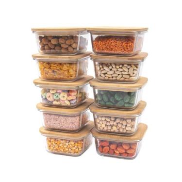 Imagem de kit 10 potes de vidro 380ml com tampa de bambu hermético quadrados - T