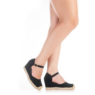 Imagem de Sandalia anabela Casual Tiras Amarrar Fivela Meia Pata - Cazzani, Pret