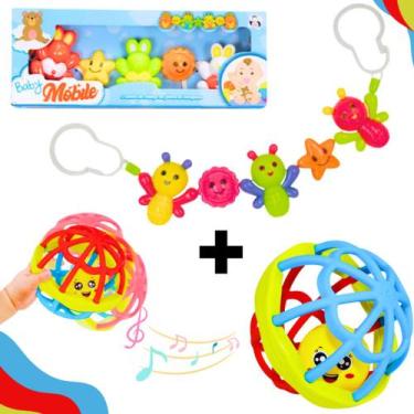 Imagem de Kit Bolinha Chocalho de Silicone+ Móbile Baby Bichinhos Coloridos Para