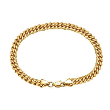 Imagem de Pulseira de ouro 18K, pulseira feminina de malha hip-hop, pulseira masculina sólida cubana Miami, embalagem de caixa de presente de Dia dos Namorados/aniversário/Natal, 8.5 inch, Ouro, Sem Pedra