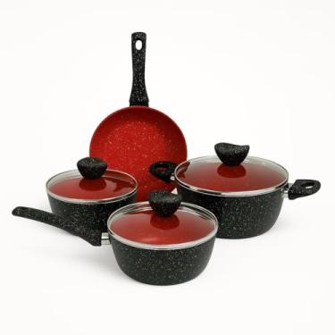 Imagem de Conjunto Jogo de 4 Panelas Antiaderente Com Tampa de Vidro Para Fogão a Gas e Indução Preta e Vermelha