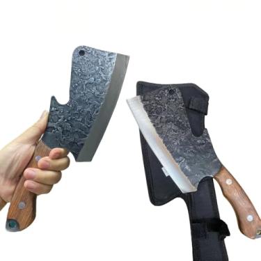 Imagem de Cutelo Artesanal de Aço com Cabo de Madeira, Lâmina Forjada, com Bainha