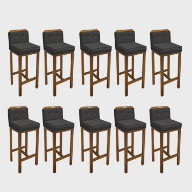 Imagem de Kit 10 Banqueta Alta Com Encosto Agnes Cozinha Balcão Bistrô Base Madeira Carvalho Corino Cinza - Ahz Móveis