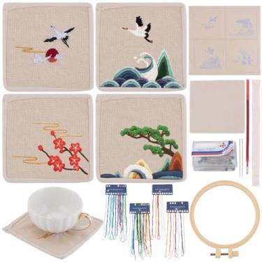 Imagem de WEBEEDY 4 conjuntos de kit de bordado para iniciantes, guindastes estilo asiático, flores de cerejeira, porta-copos de costura DIY com padrão impresso, aro de bordado, linha para mulheres, presente de