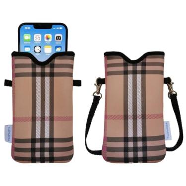 Imagem de Tainada Bolsa de neoprene masculina e feminina com alça transversal/cordão de pescoço para iPhone 16/15/14 Pro Max, 16/15/14 Plus, Samsung S25, A55, Google Pixel 9 (xadrez marrom camelo)