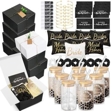 Imagem de FillTouch 64 peças de presentes de dama de honra incluem caixa de presente de casamento para chá de panela, sacos de maquiagem, cartões convidados, copo de vidro, protetor labial, pulseiras com nó de