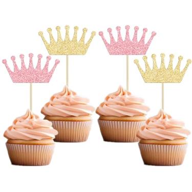 Imagem de Gyufise 24 peças de topo de cupcake de coroa ouro rosa glitter coroa de rainha palhetas de cupcake para tema de princesa rainha chá de bebê meninas casamento festa de aniversário decoração de bolos