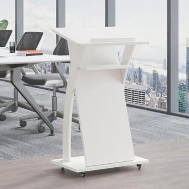 Imagem de WANGKENSU Suporte de pódio de madeira portátil para professores e sala de aula, suporte de microfone ajustável, rodízios de bloqueio, cinza, móvel e palestrante durável para apresentações, escritórios