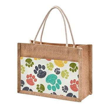 Imagem de CaTaKu Sacolas de juta com patas de cachorro coloridas com alças e zíper Sacolas grandes de compras para compras sacolas de aniagem com bolso frontal de lona sacos de presente para mulheres 43 cm x 33 cm
