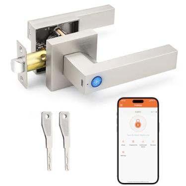 Imagem de Probrico Fechadura inteligente de porta de entrada sem chave com alça, fechaduras inteligentes de níquel acetinado para porta frontal com impressão digital para quarto de banho, fechadura eletrônica