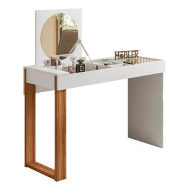 Imagem de Penteadeira Moderna com Espelho Basculante, Base em Madeira, Tampo Branco com Compartimentos (BRANCO/CINAMOM MEL)