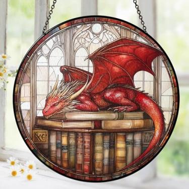 Imagem de Livro vermelho Dragon Suncatcher para janelas, pendurado, decoração de vitral, fantasia para amantes de livros, presentes para mulheres, meninas, homens, crianças, aniversário, Natal, dragão