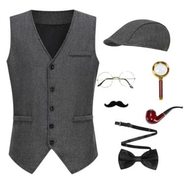 Imagem de AGCOAH Adult Detective Costume 7PCS Set 1920s Mens Sherlock Holmes Dark Grey Vest with Hat Magnifying Glass Mustache Halloween Cosplay L