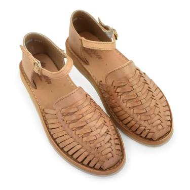 Imagem de Macarena Collection -Sandália feminina Huarache de couro colorido estilo mexicano 3050 tira no tornozelo, Bronzeado, 35
