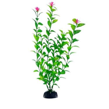 Imagem de Planta Artificial Enfeite Aquário 30cm Verde com Flor Rosa - Flow Pets