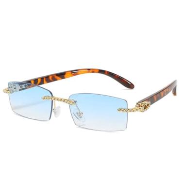 Imagem de JRLLFD Óculos de sol retrô retangular pequeno sem aro, masculino e feminino, luxuoso, sem armação, para óculos vintage masculinos, uv400 (azul leopardo)