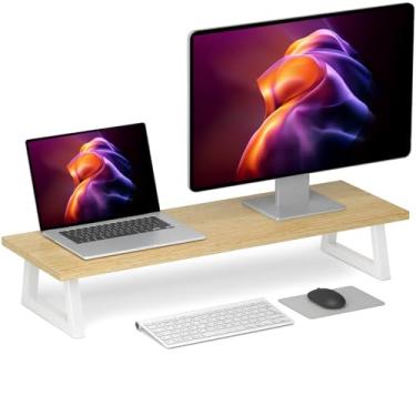 Imagem de TEAMIX Elevador de monitor duplo de 80 cm - Suporte de TV amplo para 2 monitores - Elevador de mesa de madeira e aço para organização de mesa de escritório com tela dupla