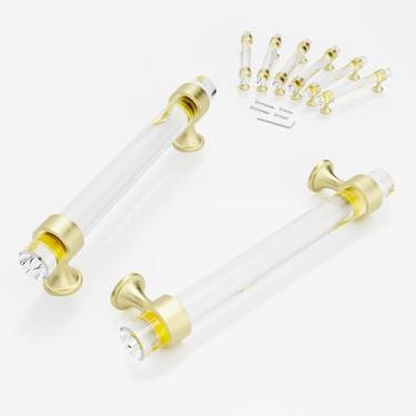 Imagem de Puxadores de armário de cozinha de cristal pacote com 6 puxadores de latão dourado escovado de 12,7 cm, gavetas de armário de vidro, gavetas de armário, ferragens de armário, puxador de banheiro de