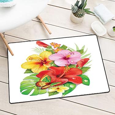 Imagem de ESFVRG Tapete de entrada havaiano de grau comercial, buquê de flores de hibisco coloridas com pétalas de plumeria florescendo de borboleta, tapete de porta lavável na máquina, L 60 x C 90 cm, rosa