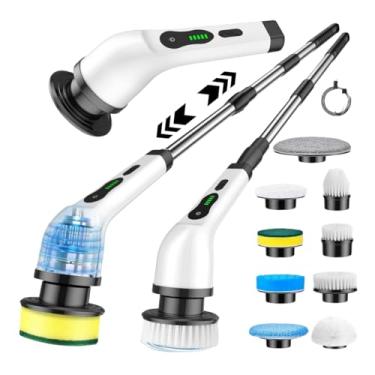 Imagem de Esfregão de Limpeza Elétrico 9 em 1 com Cabeças Giratórias Ajustáveis - Escova Elétrica Recarregável Multiuso Bivolt com Cabo Extensor Sem Fio para Banheiro Cozinha Piso Azulejo Vidro