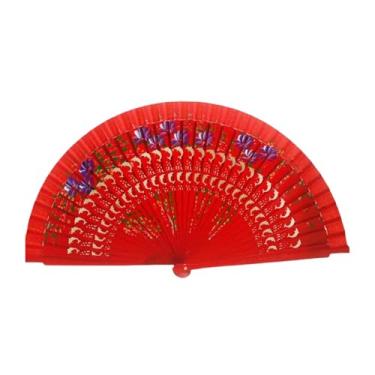 Imagem de simhoa Leque dobrável de mão de madeira versátil para dança e adereços para fotos de performance, Vermelho
