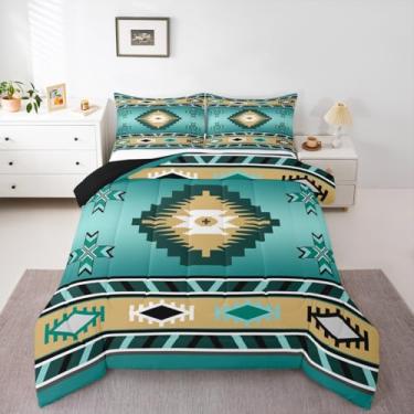 Imagem de Erosebridal Jogo de cama queen size sudoeste nativo do sudoeste, conjunto de cama geométrico, tribal, country, mexicano, asteca, estampa étnica, diamante, edredom macio, quente, verde-azulado