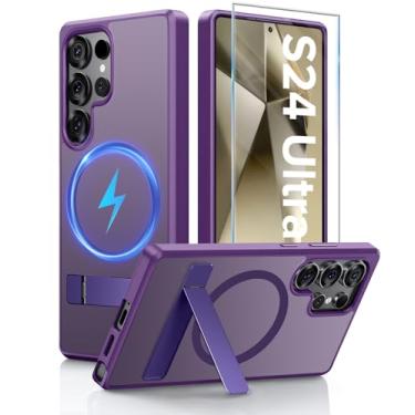 Imagem de Capa para Samsung Galaxy S24 Ultra com suporte [com protetor de tela] Carregamento sem fio, capa antiimpressões digitais, proteção à prova de choque, capa magnética para Galaxy S24 Ultra 5G com