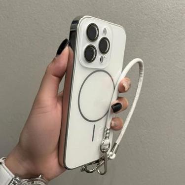Imagem de Capa de vidro com alça de pulso para iPhone 16, 15, 14, 13, 12, 11 Pro Max 16Pro, capa protetora magnética de carregamento, branca, para iPhone 16